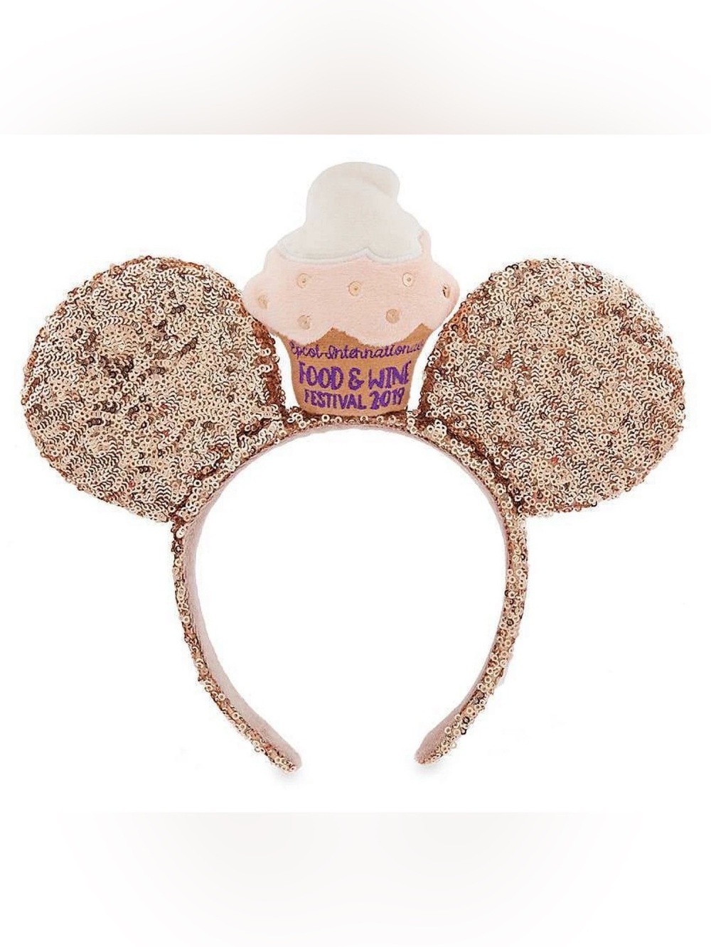 Vtg New Walt Disney World Sequin Rose Gold Cupcake Ears 2019 Food Wine Festival